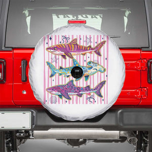 Shark Summer Striped Coastal Ocean Life Glitter Print Spare Tire Cover