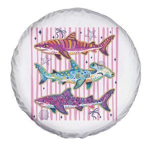 Shark Summer Striped Coastal Ocean Life Glitter Print Spare Tire Cover
