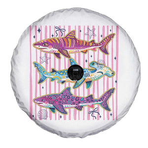 Shark Summer Striped Coastal Ocean Life Glitter Print Spare Tire Cover