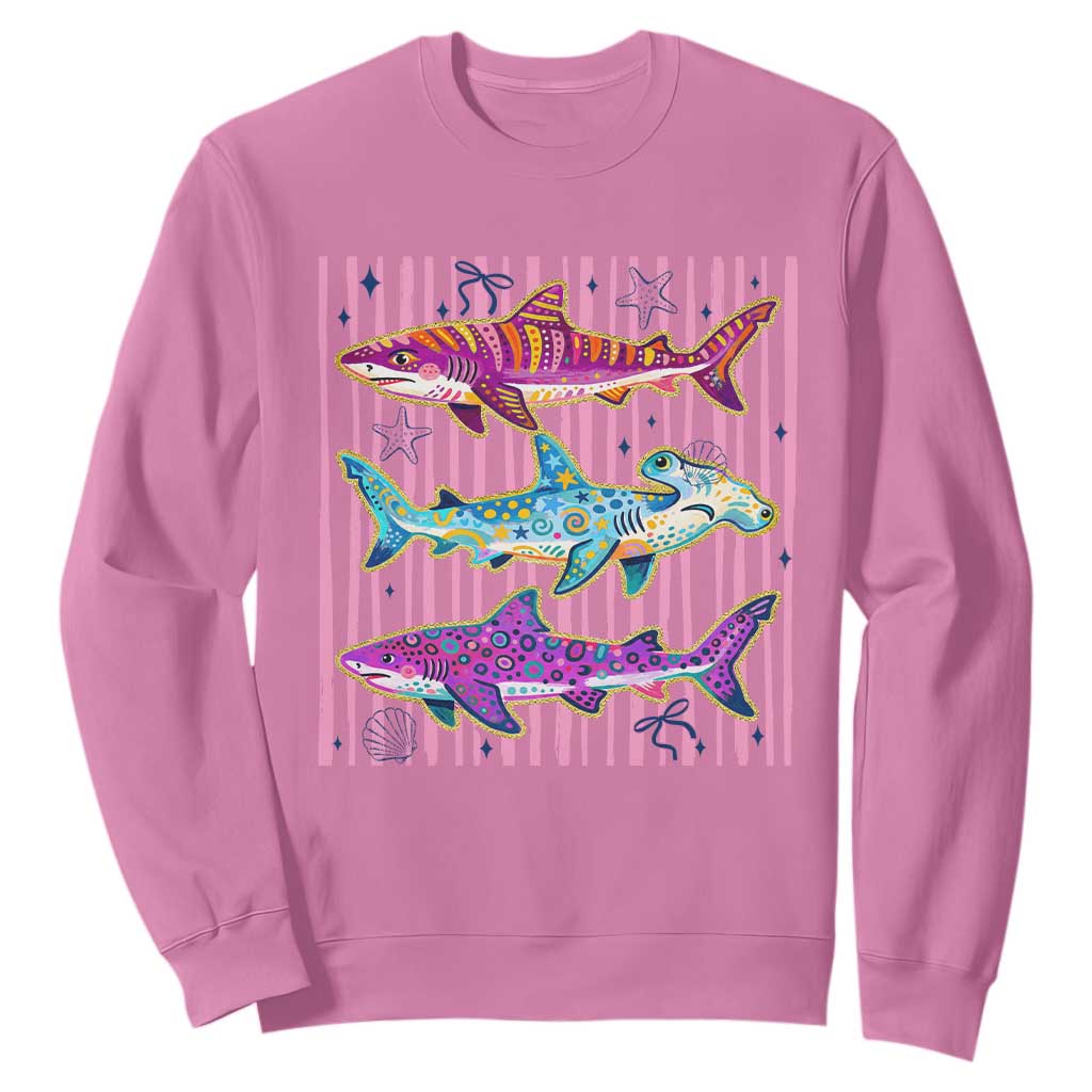 Shark Summer Striped Coastal Ocean Life Glitter Print Sweatshirt