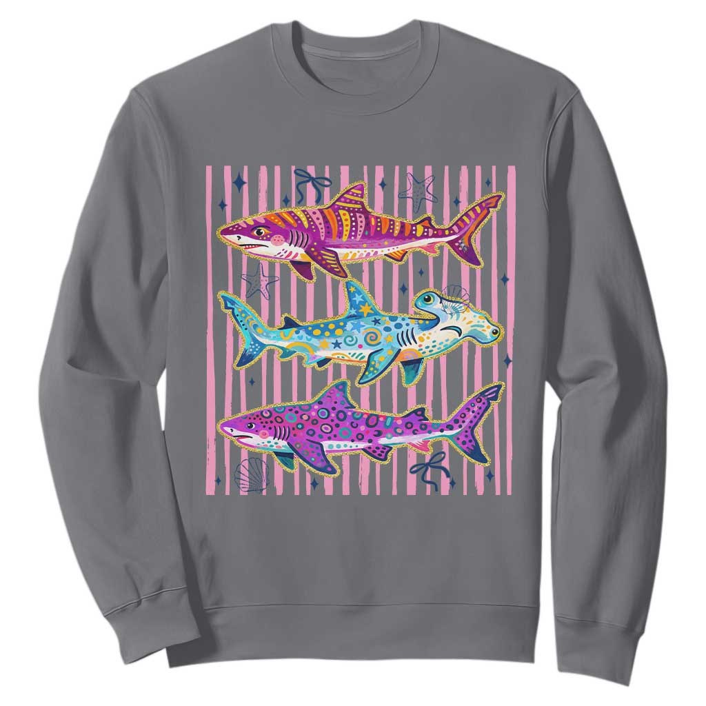 Shark Summer Striped Coastal Ocean Life Glitter Print Sweatshirt
