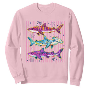 Shark Summer Striped Coastal Ocean Life Glitter Print Sweatshirt