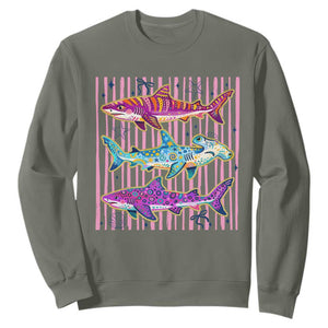 Shark Summer Striped Coastal Ocean Life Glitter Print Sweatshirt