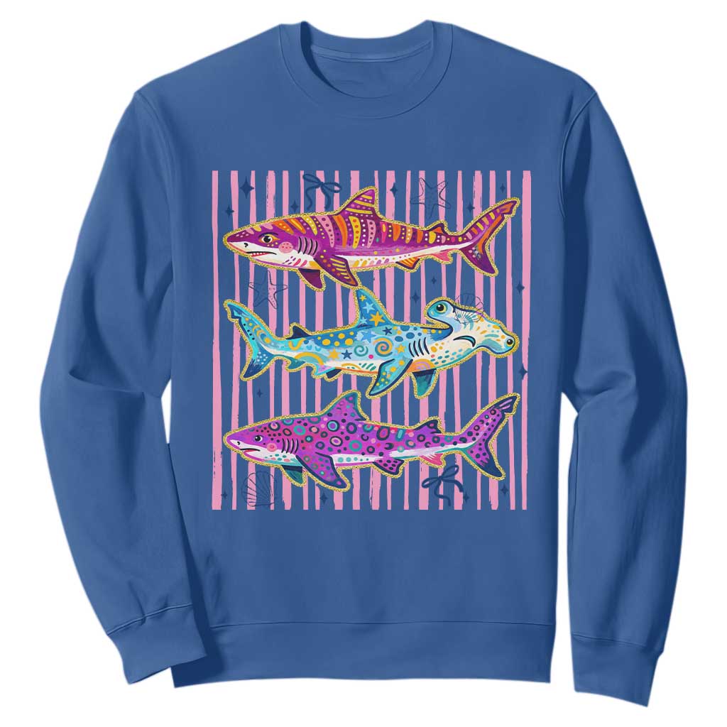 Shark Summer Striped Coastal Ocean Life Glitter Print Sweatshirt