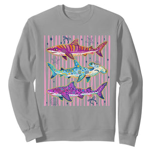 Shark Summer Striped Coastal Ocean Life Glitter Print Sweatshirt