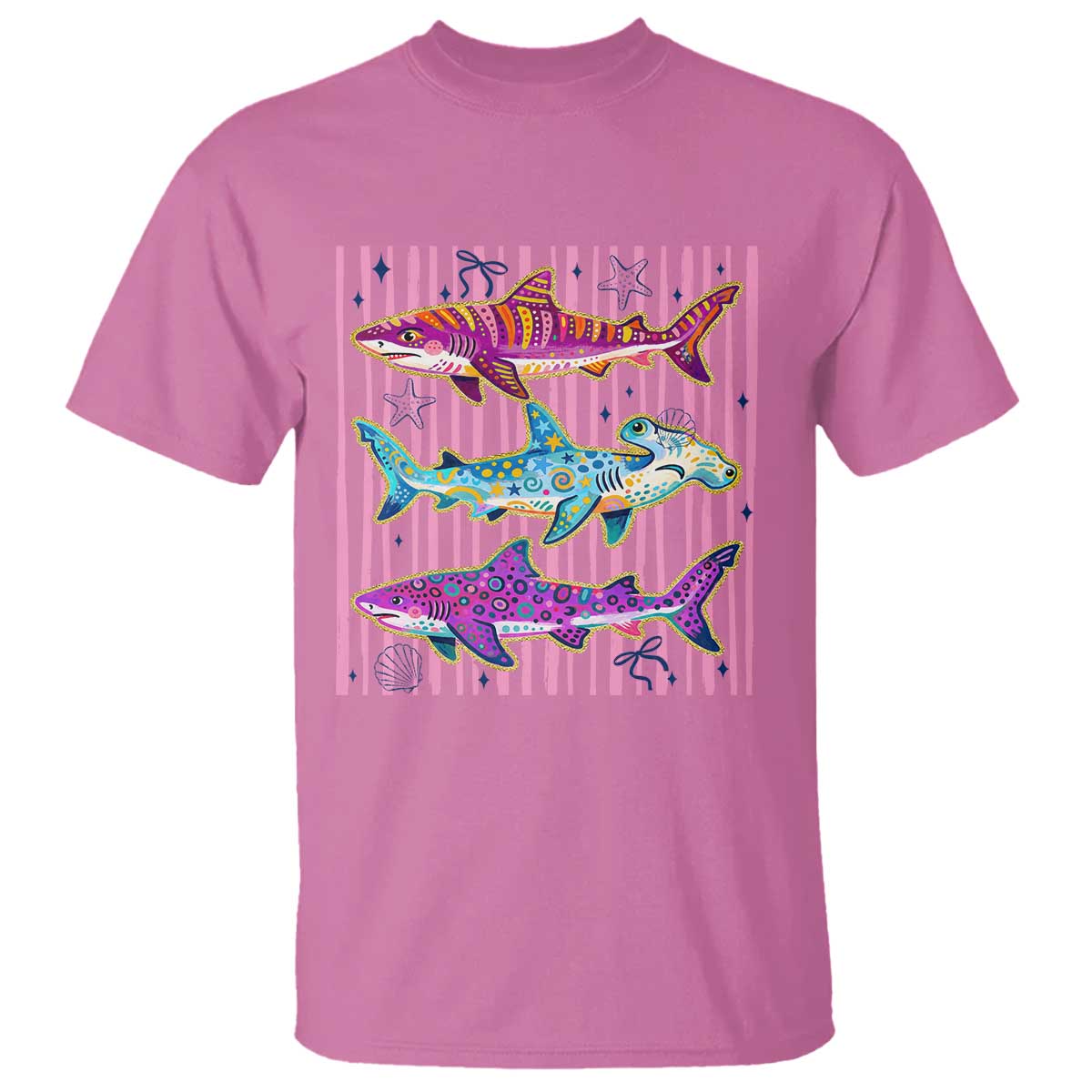 Shark Summer Striped Coastal Ocean Life Glitter Print T Shirt
