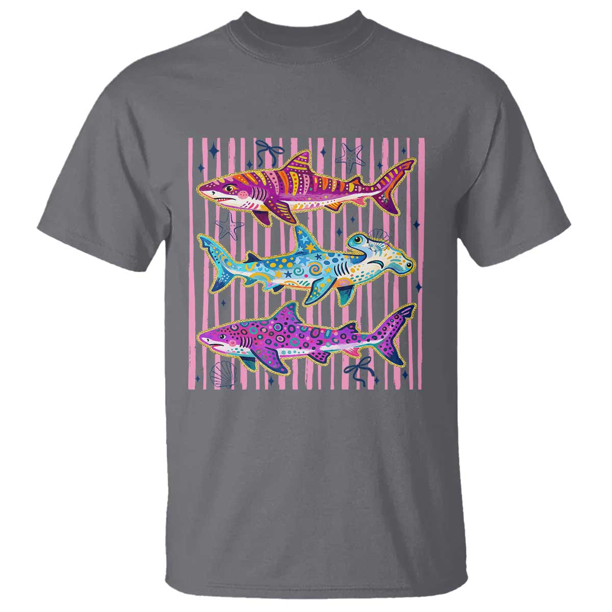 Shark Summer Striped Coastal Ocean Life Glitter Print T Shirt