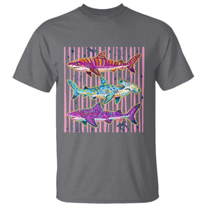 Shark Summer Striped Coastal Ocean Life Glitter Print T Shirt