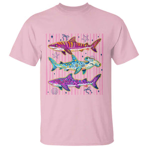 Shark Summer Striped Coastal Ocean Life Glitter Print T Shirt