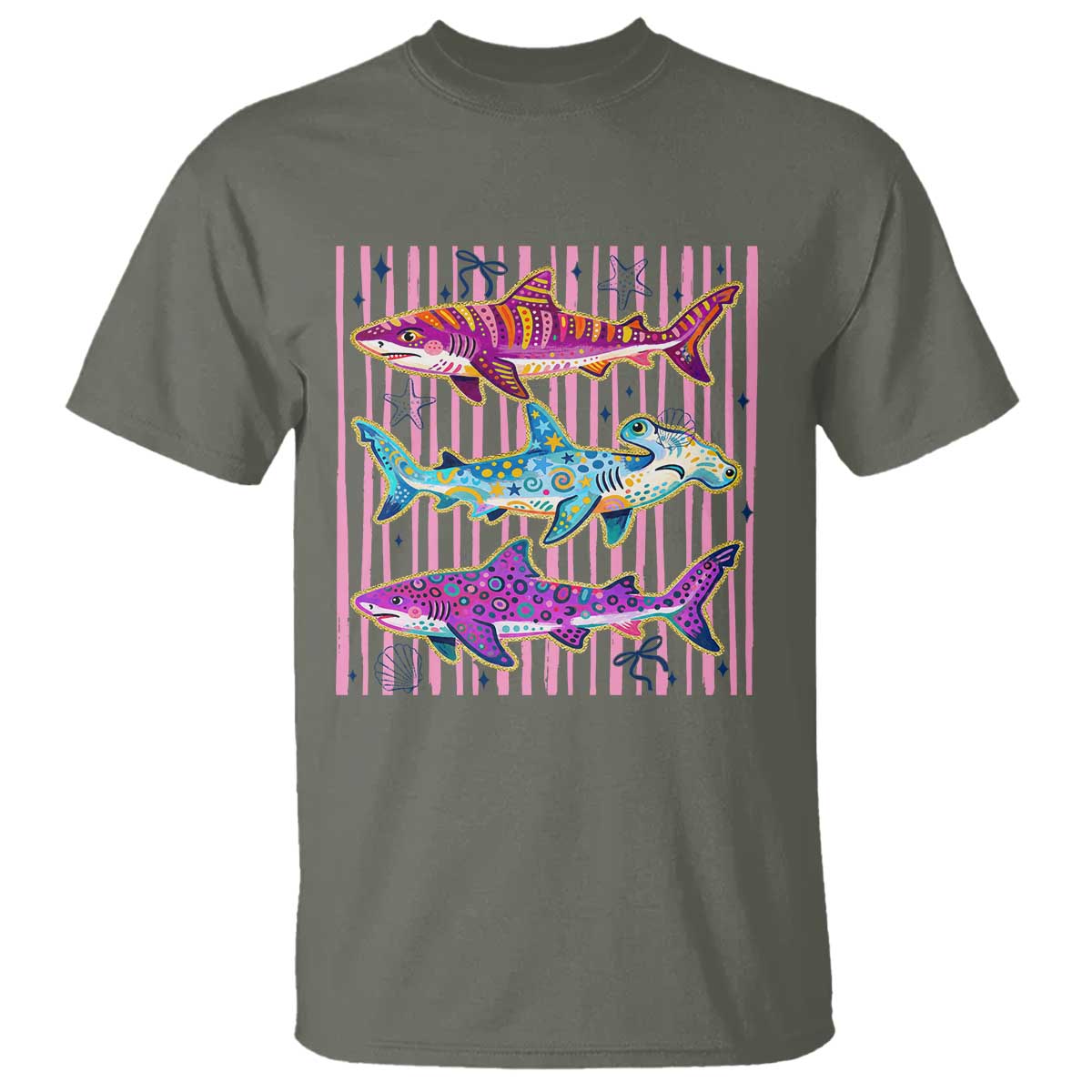 Shark Summer Striped Coastal Ocean Life Glitter Print T Shirt