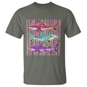 Shark Summer Striped Coastal Ocean Life Glitter Print T Shirt