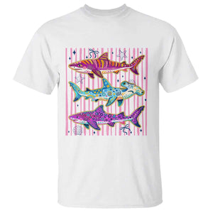 Shark Summer Striped Coastal Ocean Life Glitter Print T Shirt