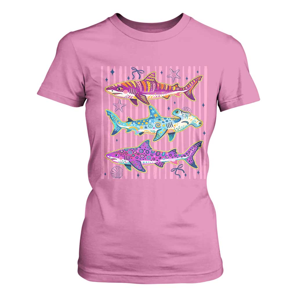 Shark Summer Striped Coastal Ocean Life Glitter Print T Shirt For Women
