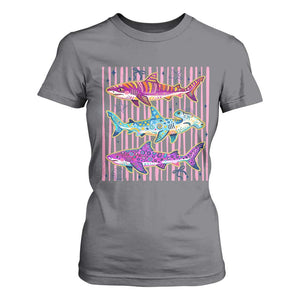Shark Summer Striped Coastal Ocean Life Glitter Print T Shirt For Women