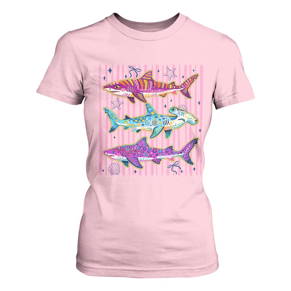 Shark Summer Striped Coastal Ocean Life Glitter Print T Shirt For Women