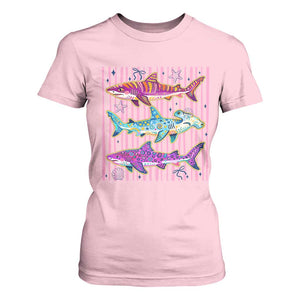 Shark Summer Striped Coastal Ocean Life Glitter Print T Shirt For Women