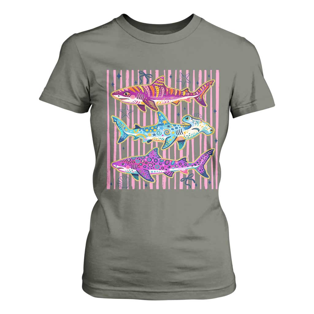 Shark Summer Striped Coastal Ocean Life Glitter Print T Shirt For Women