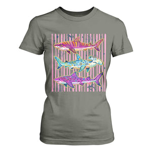 Shark Summer Striped Coastal Ocean Life Glitter Print T Shirt For Women