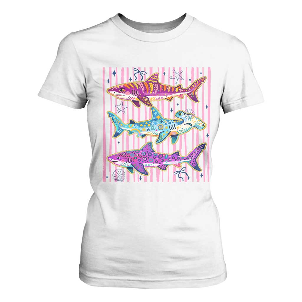 Shark Summer Striped Coastal Ocean Life Glitter Print T Shirt For Women