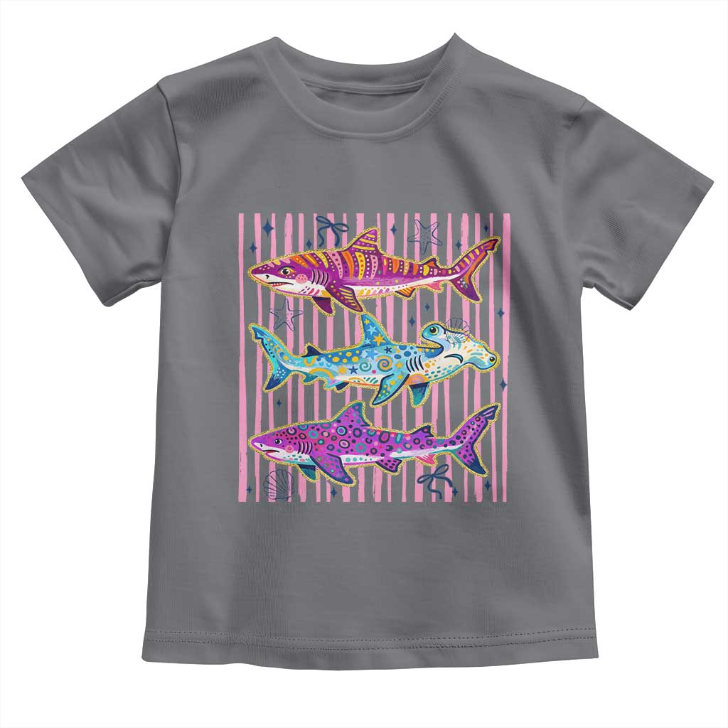 Shark Summer Striped Coastal Ocean Life Glitter Print Toddler T Shirt