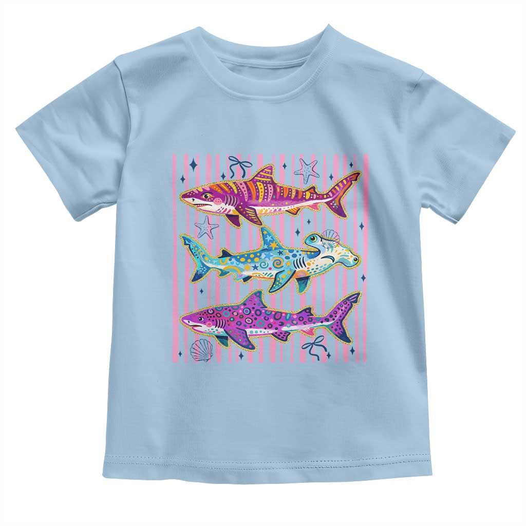 Shark Summer Striped Coastal Ocean Life Glitter Print Toddler T Shirt