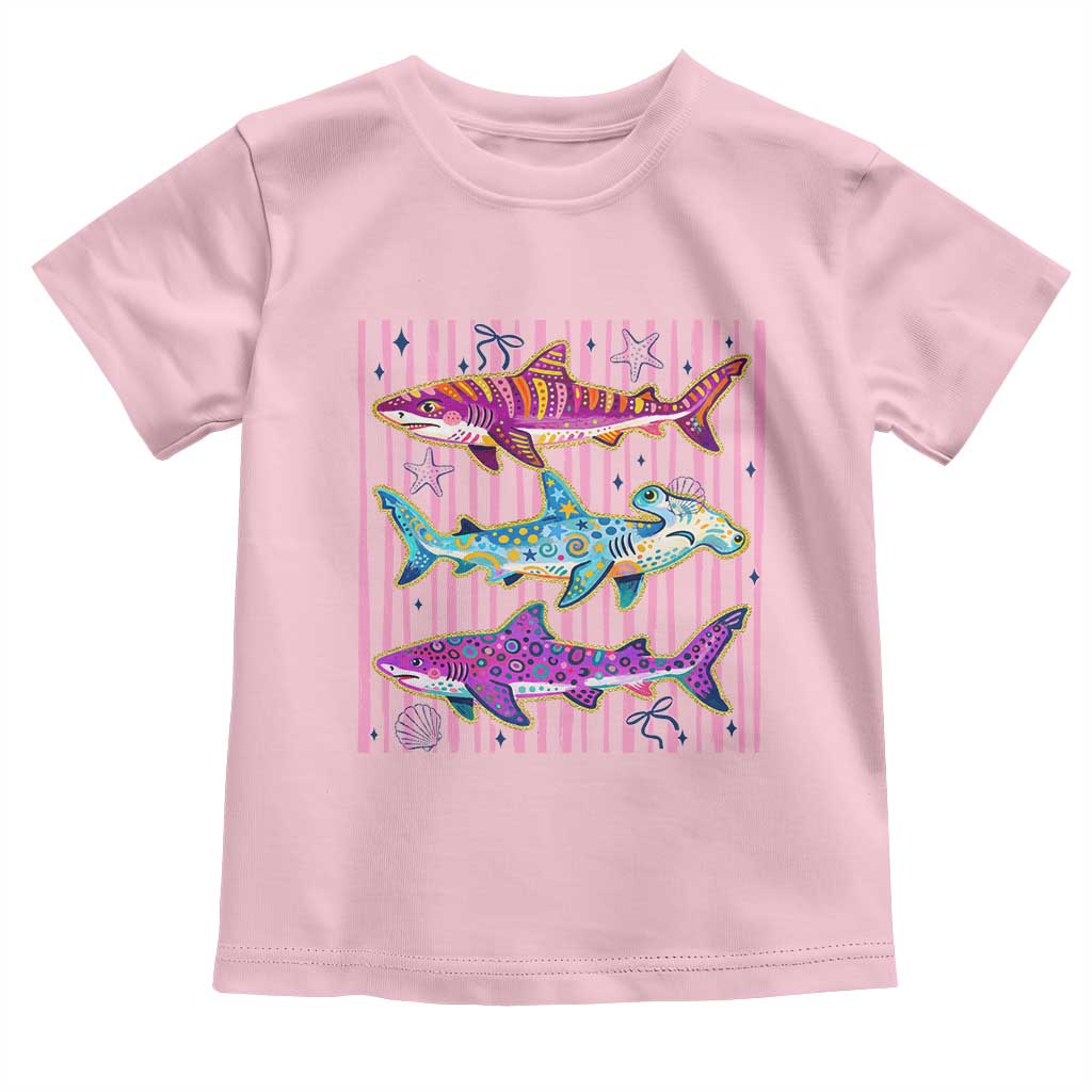 Shark Summer Striped Coastal Ocean Life Glitter Print Toddler T Shirt