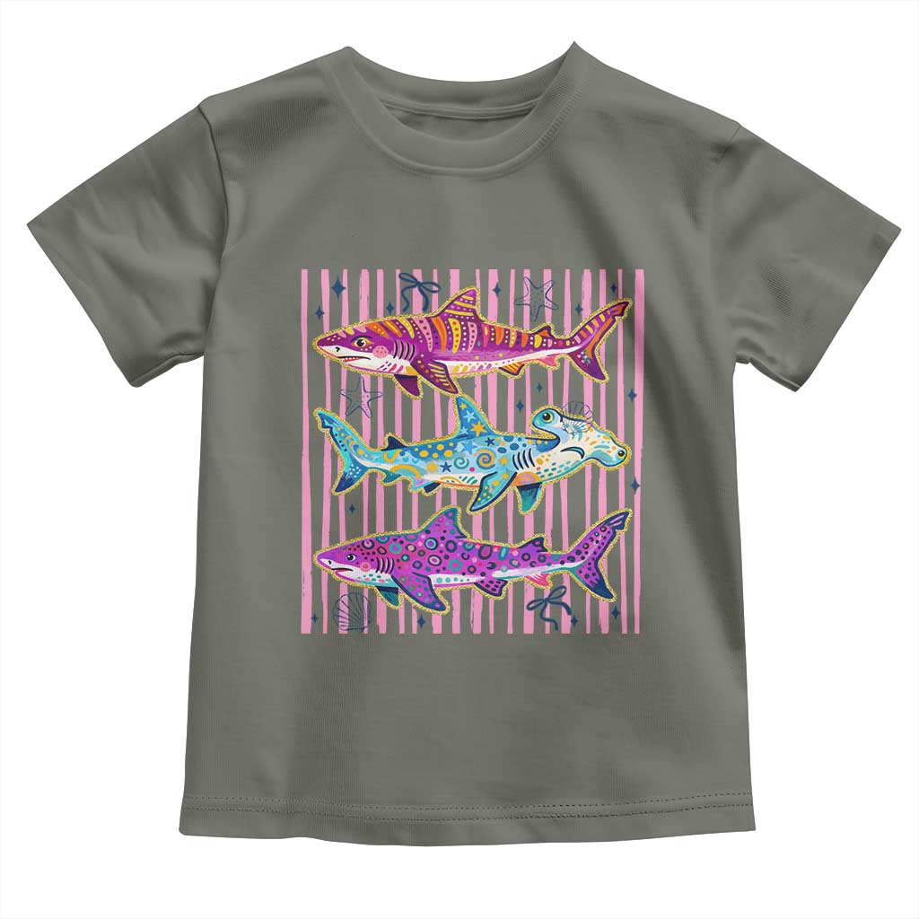 Shark Summer Striped Coastal Ocean Life Glitter Print Toddler T Shirt