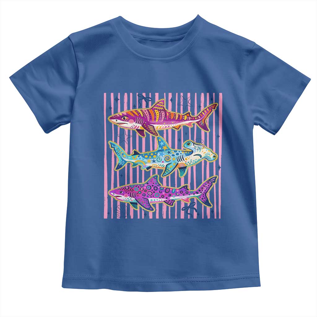 Shark Summer Striped Coastal Ocean Life Glitter Print Toddler T Shirt