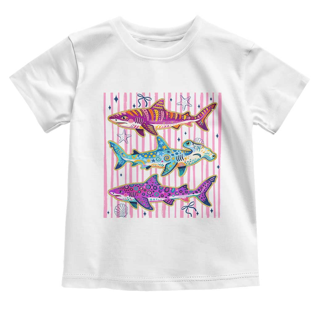 Shark Summer Striped Coastal Ocean Life Glitter Print Toddler T Shirt