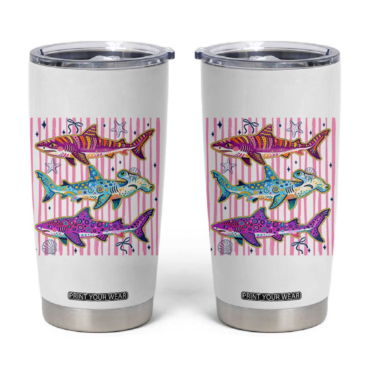 Shark Summer Striped Coastal Ocean Life Glitter Print Tumbler Cup