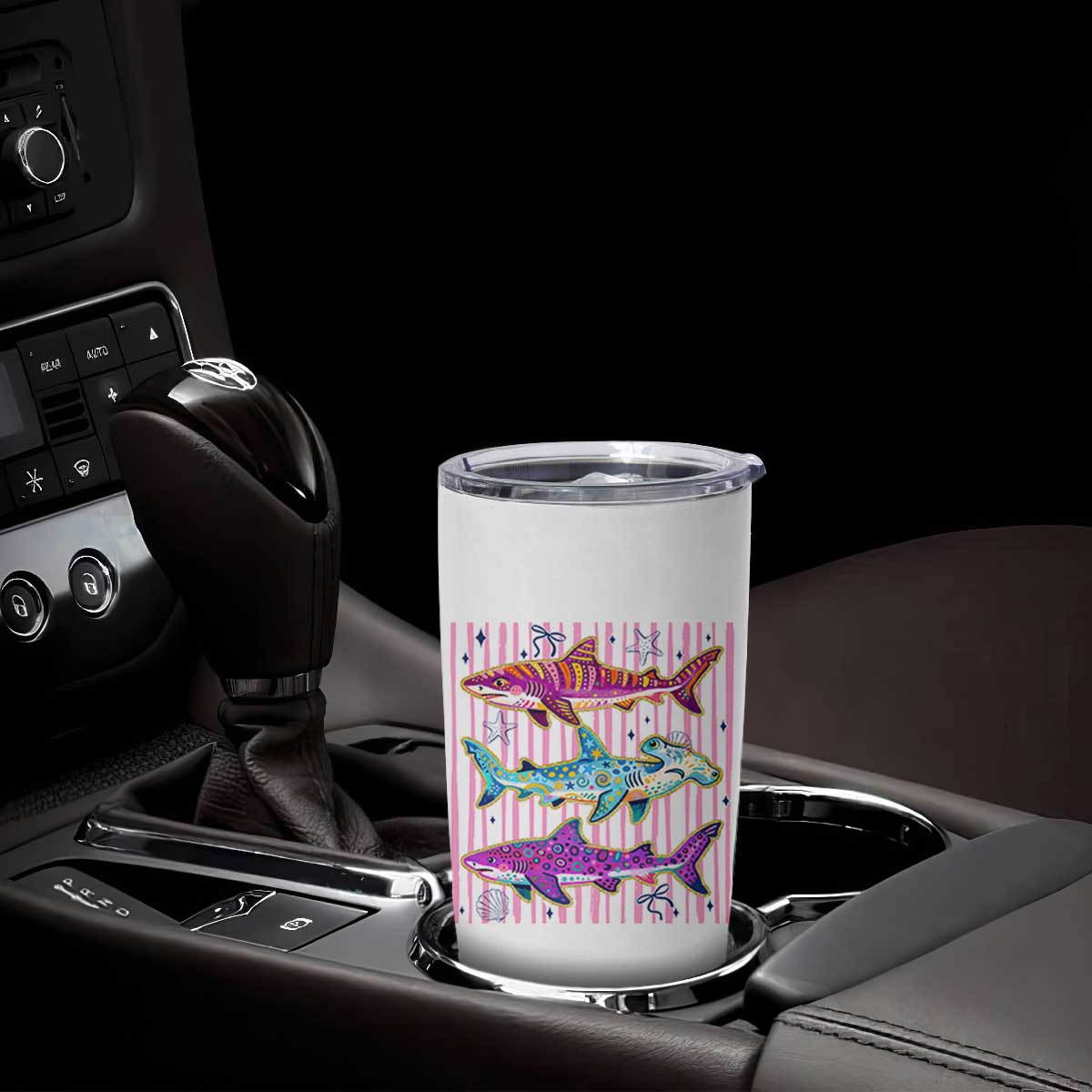 Shark Summer Striped Coastal Ocean Life Glitter Print Tumbler Cup