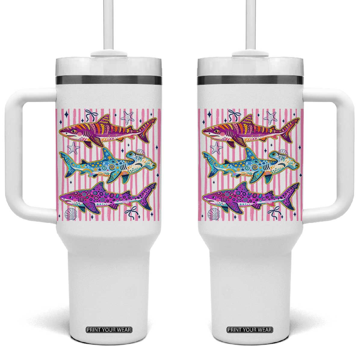 Shark Summer Striped Coastal Ocean Life Glitter Print Tumbler With Handle