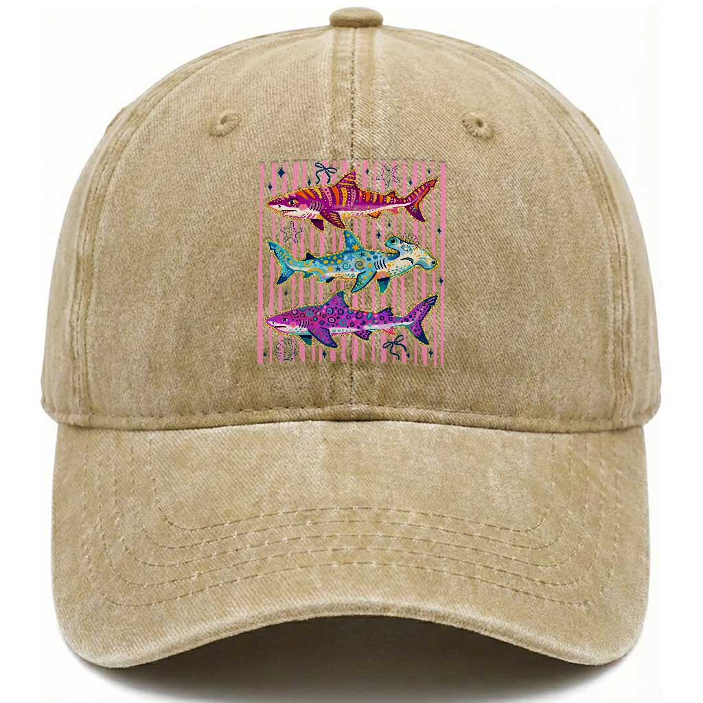 Shark Summer Striped Coastal Ocean Life Glitter Print Washed Cotton Baseball Cap