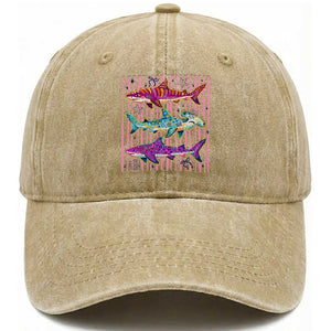 Shark Summer Striped Coastal Ocean Life Glitter Print Washed Cotton Baseball Cap
