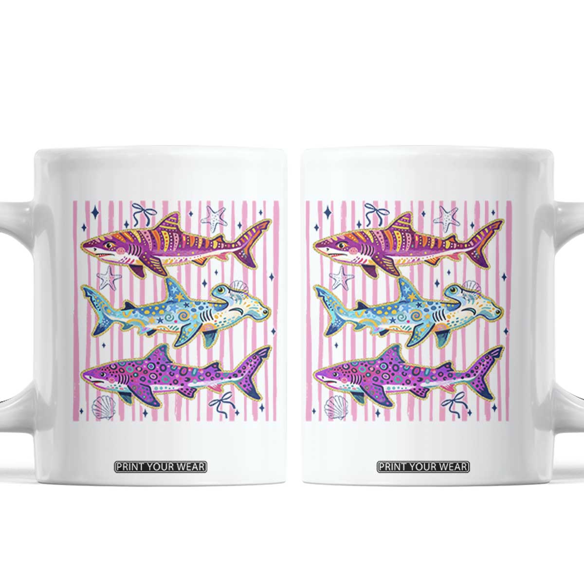 Shark Summer Striped Coastal Ocean Life Glitter Print Coffee Mug