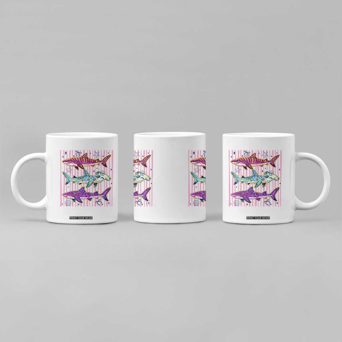 Shark Summer Striped Coastal Ocean Life Glitter Print Coffee Mug