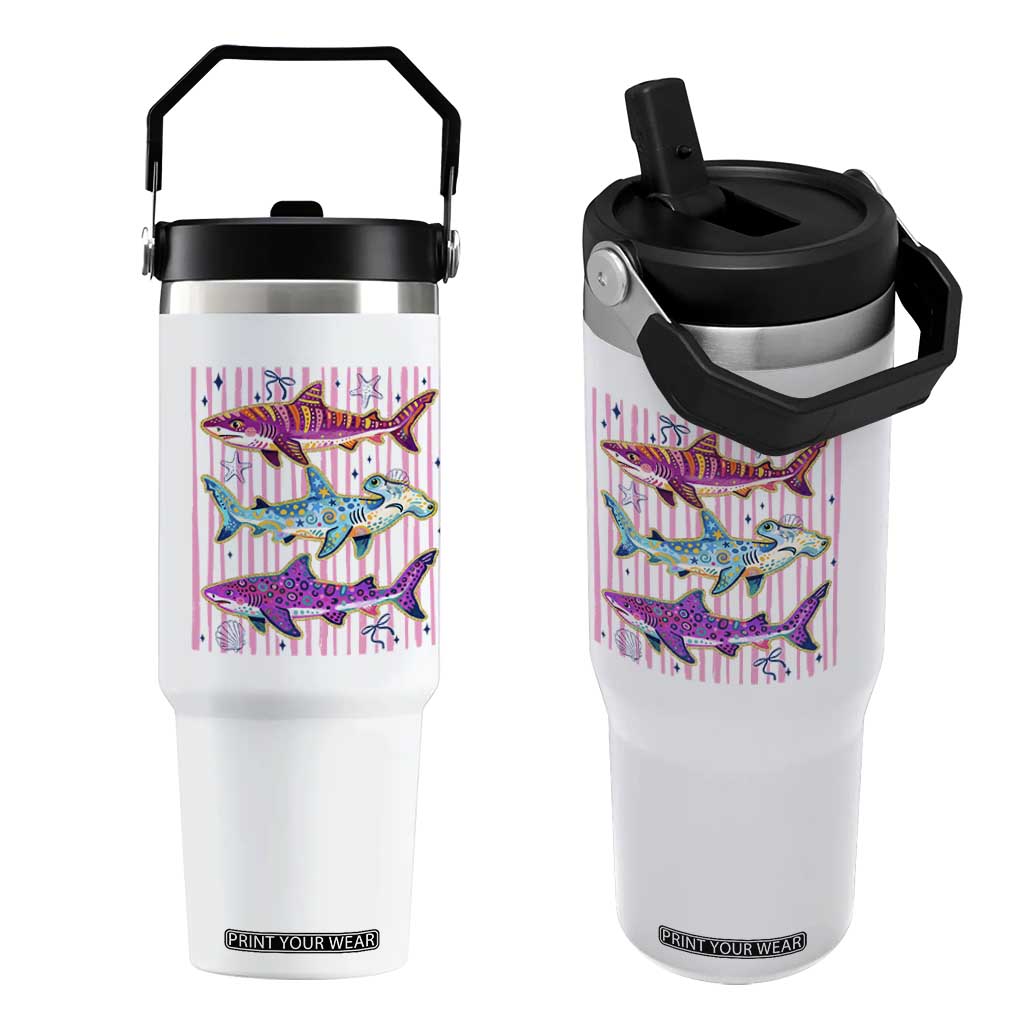 Shark Summer Striped Coastal Ocean Life Glitter Print Flip Straw Tumbler TS11 One Size: 30 oz White Print Your Wear