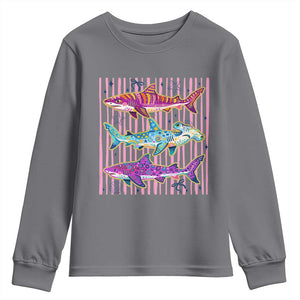 Shark Summer Striped Coastal Ocean Life Glitter Print Youth Sweatshirt