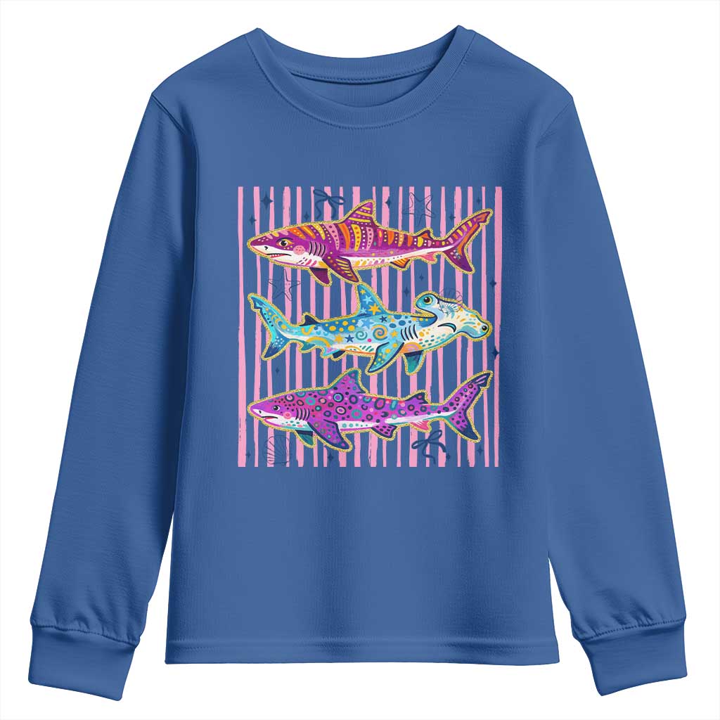 Shark Summer Striped Coastal Ocean Life Glitter Print Youth Sweatshirt