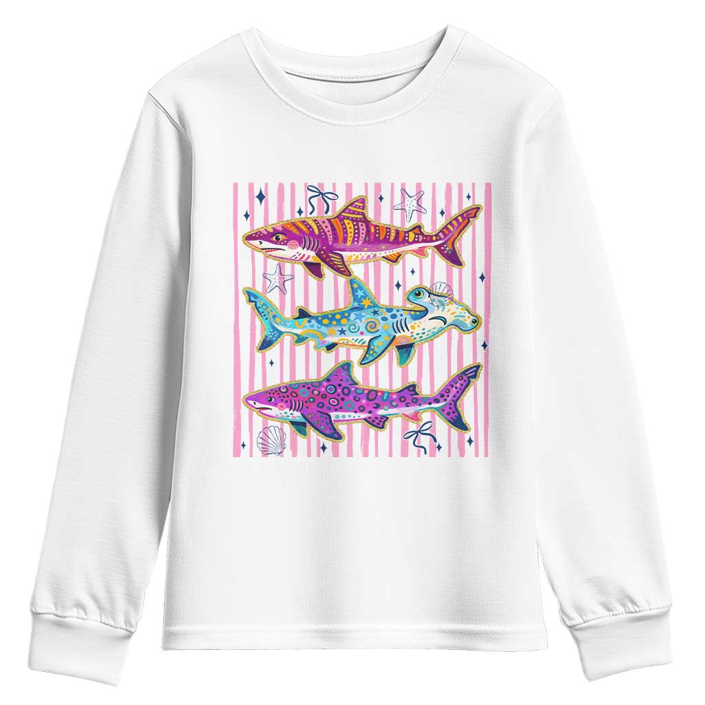 Shark Summer Striped Coastal Ocean Life Glitter Print Youth Sweatshirt