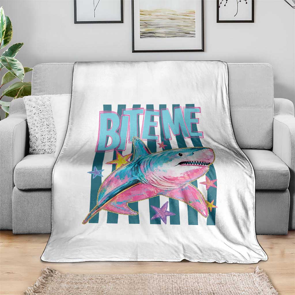 Funny Bite Me Shark Lover Throw Blanket Summer Beach Nautical Stripes Glitter Print