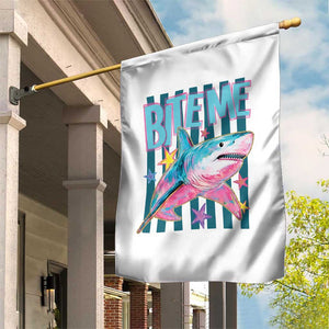 Funny Bite Me Shark Lover Garden Flag Summer Beach Nautical Stripes Glitter Print