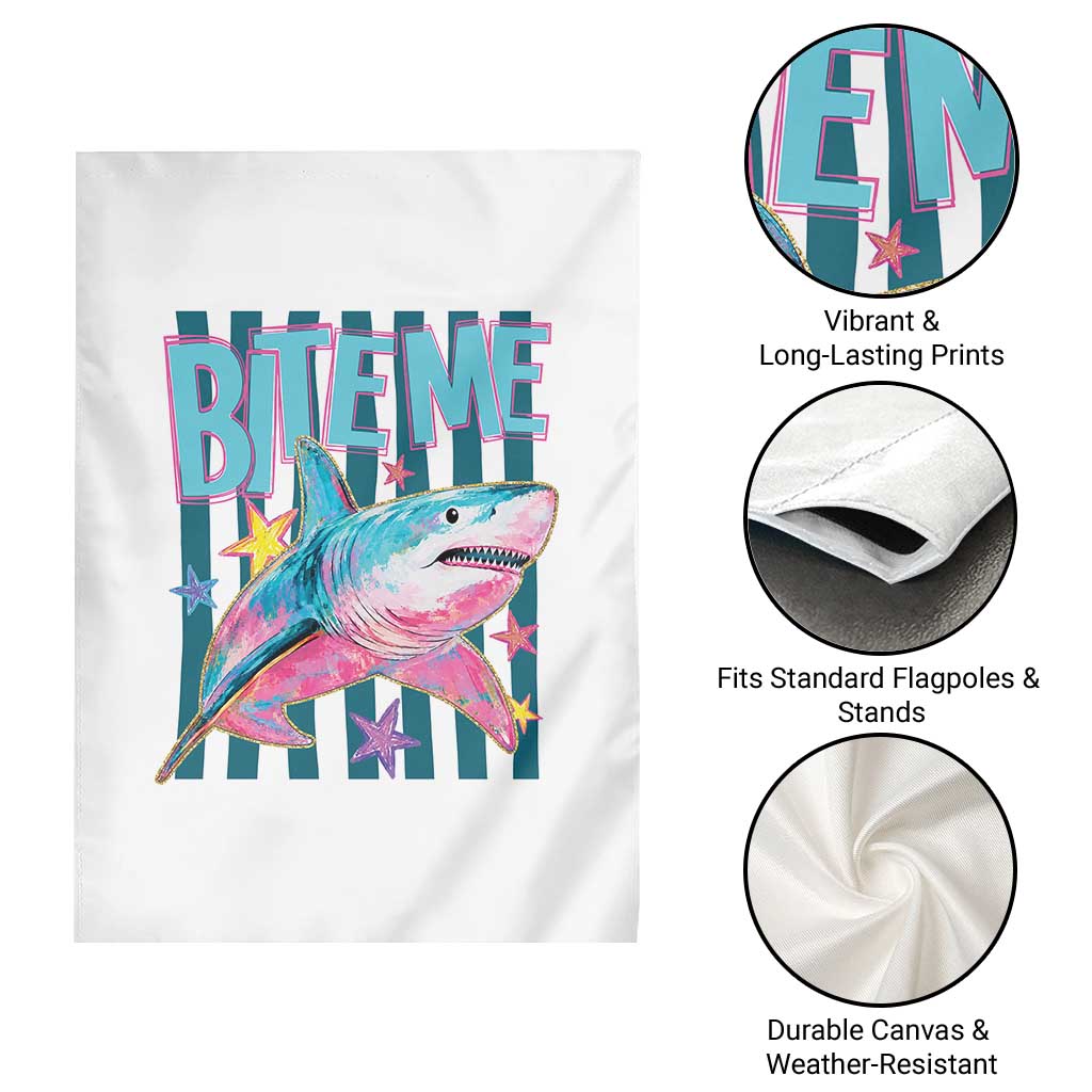 Funny Bite Me Shark Lover Garden Flag Summer Beach Nautical Stripes Glitter Print