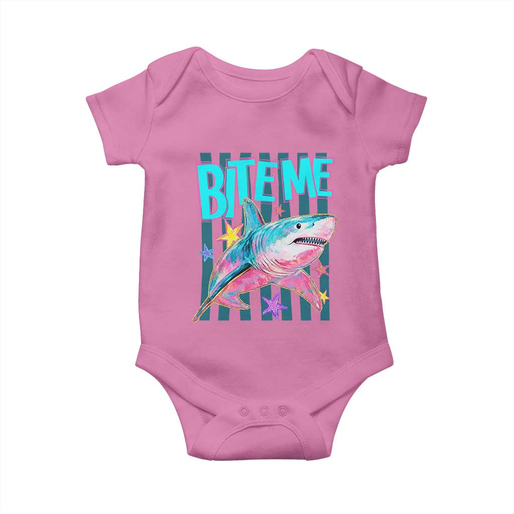 Funny Bite Me Shark Lover Baby Onesie Summer Beach Nautical Stripes Glitter Print