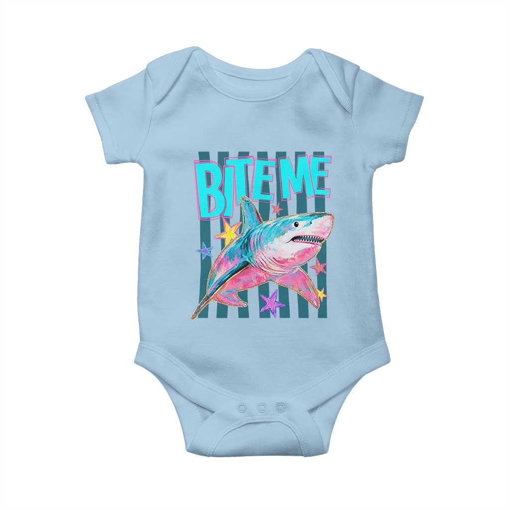 Funny Bite Me Shark Lover Baby Onesie Summer Beach Nautical Stripes Glitter Print