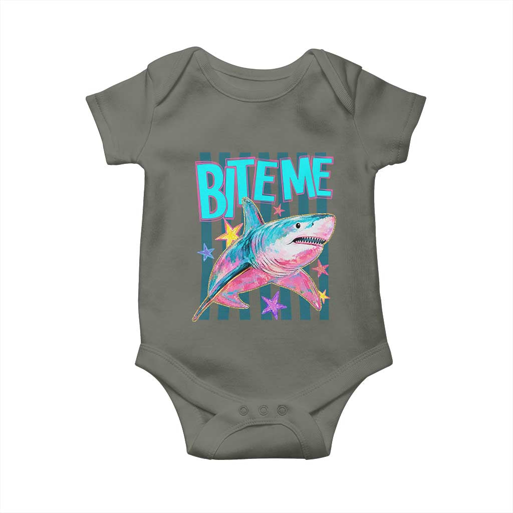Funny Bite Me Shark Lover Baby Onesie Summer Beach Nautical Stripes Glitter Print
