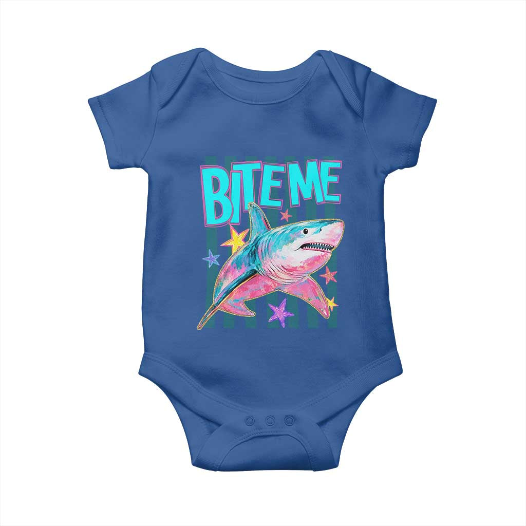 Funny Bite Me Shark Lover Baby Onesie Summer Beach Nautical Stripes Glitter Print