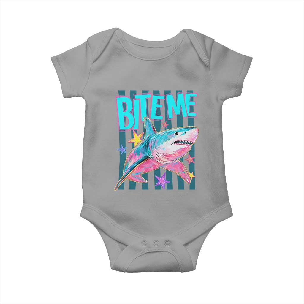 Funny Bite Me Shark Lover Baby Onesie Summer Beach Nautical Stripes Glitter Print
