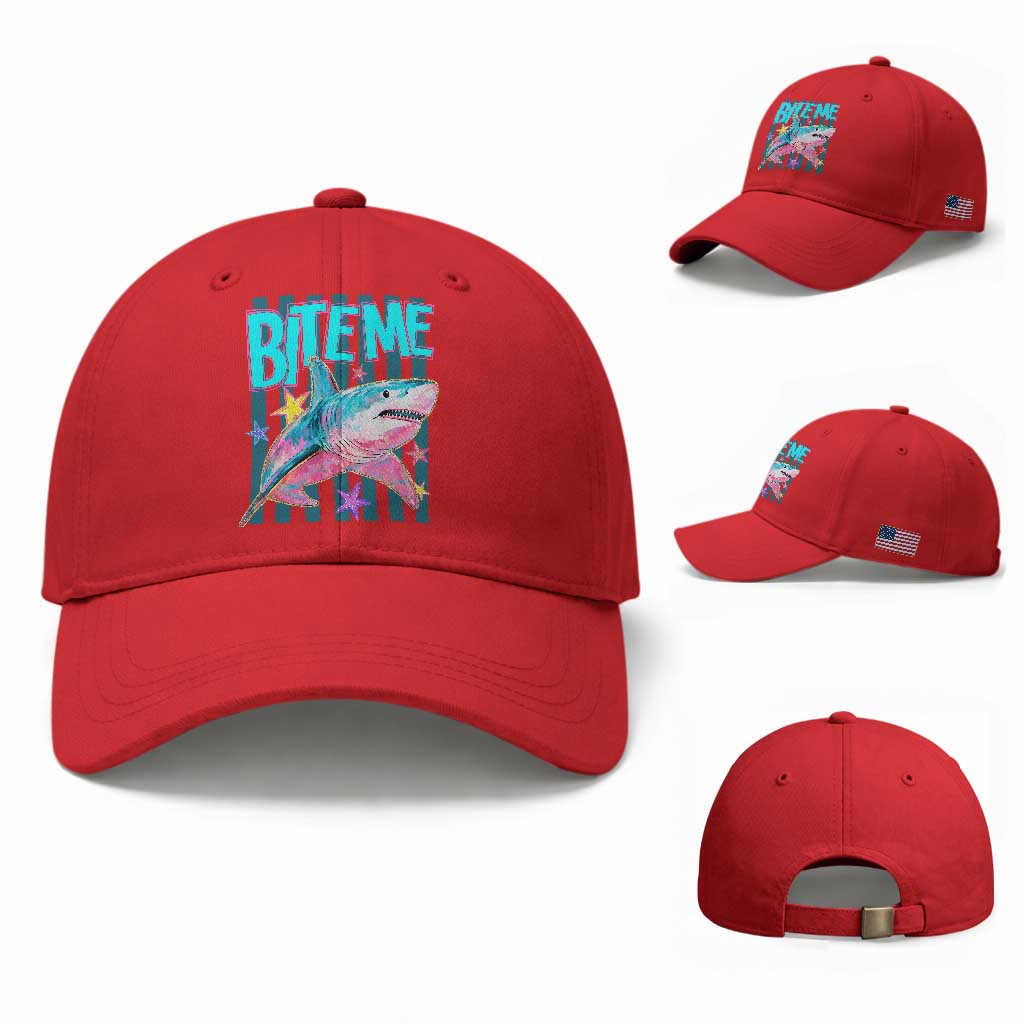 Funny Bite Me Shark Lover Baseball Cap Summer Beach Nautical Stripes Glitter Print