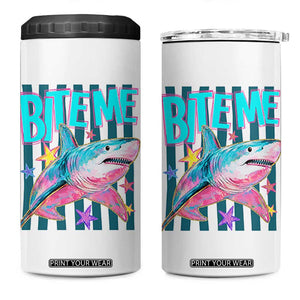 Funny Bite Me Shark Lover 4 in 1 Can Cooler Tumbler Summer Beach Nautical Stripes Glitter Print